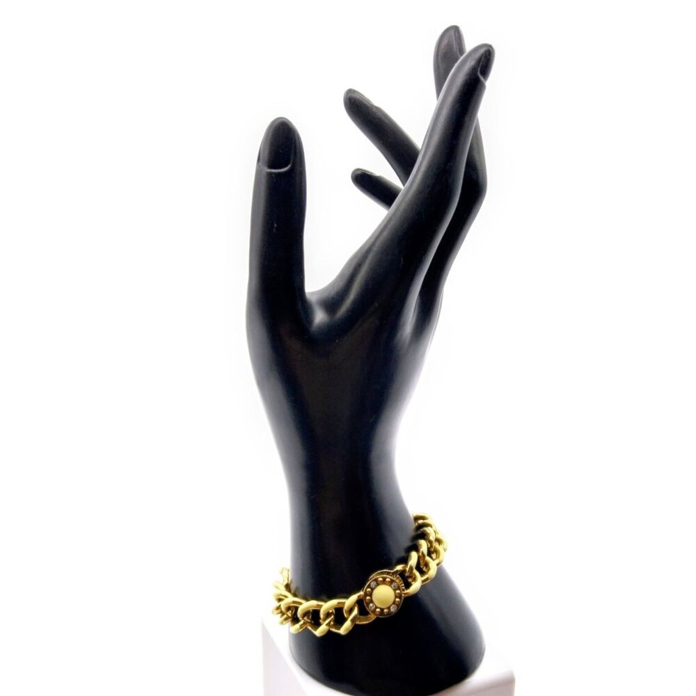 Chic Vintage Chain Link Bracelet, Gold Tone Chunky Curb Links with Beige Enamel